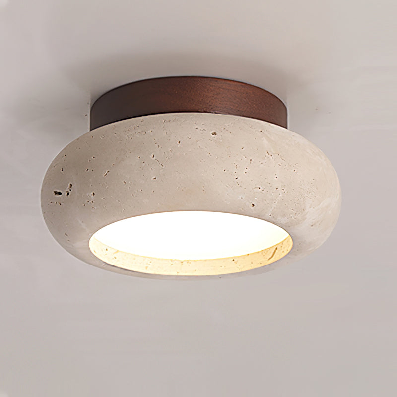 Mini Travertine & Wood Flush Mount Ceiling Light — 5.9″