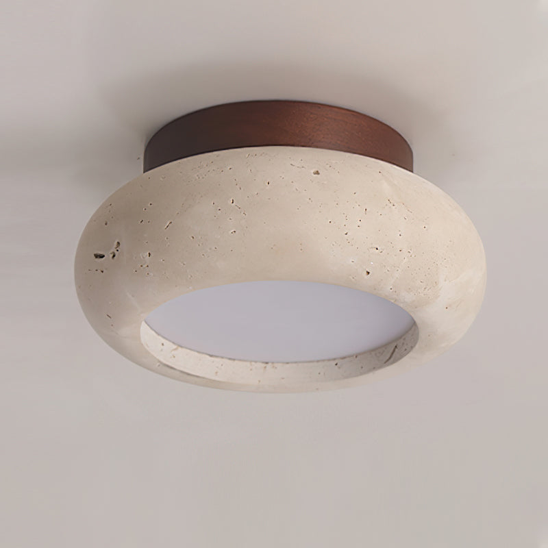 Mini Travertine & Wood Flush Mount Ceiling Light — 5.9″