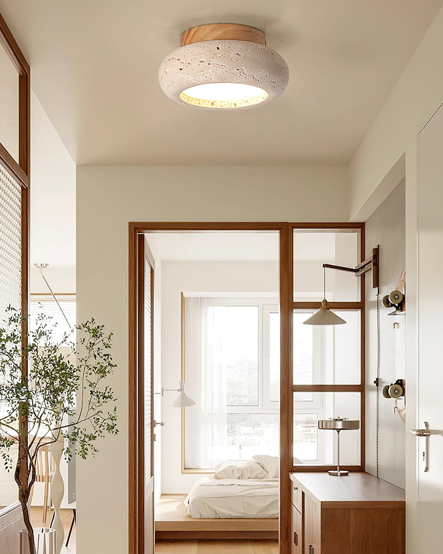 Mini Travertine & Wood Flush Mount Ceiling Light — 5.9″