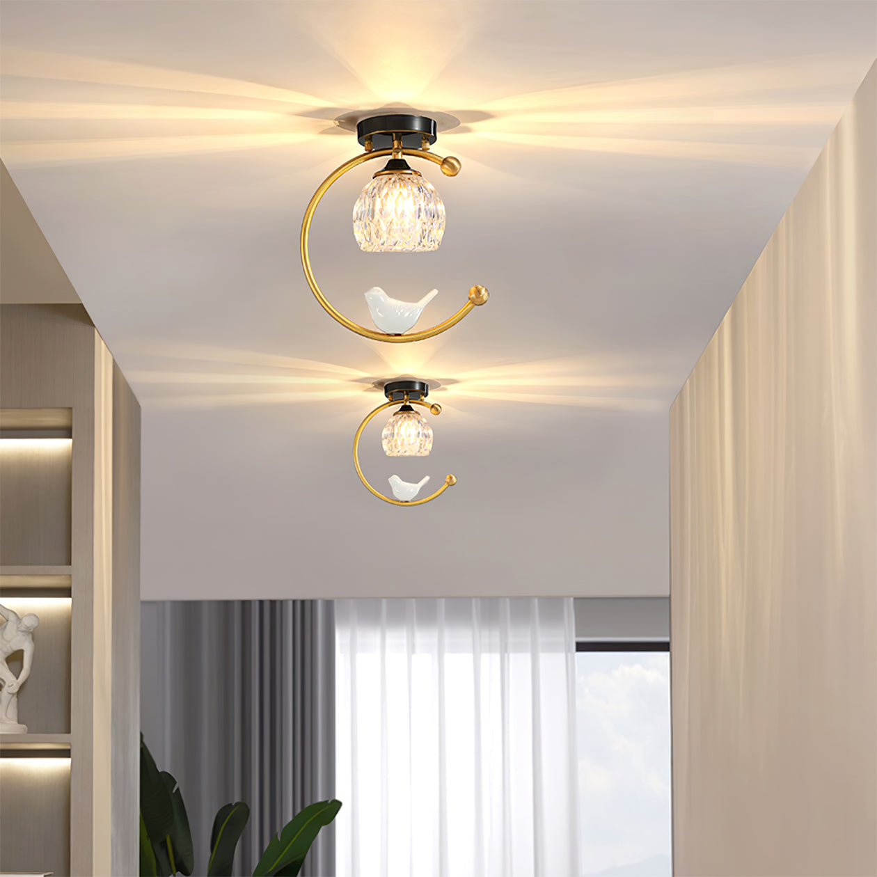 Brass Bird & Bud Glass Ceiling Light