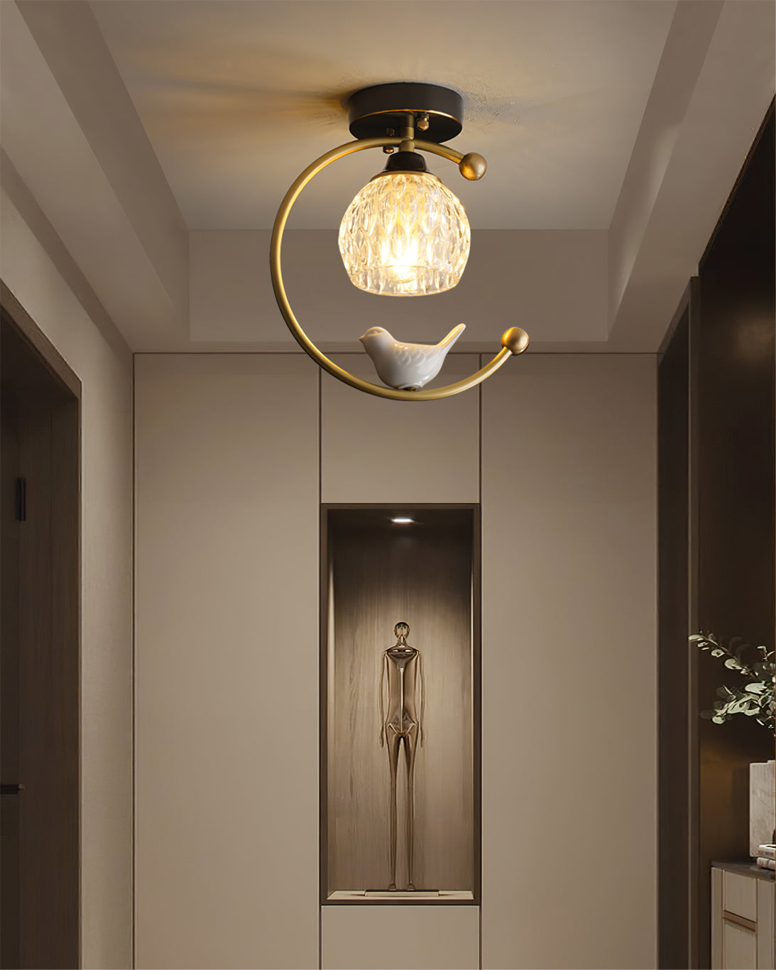 Brass Bird & Bud Glass Ceiling Light