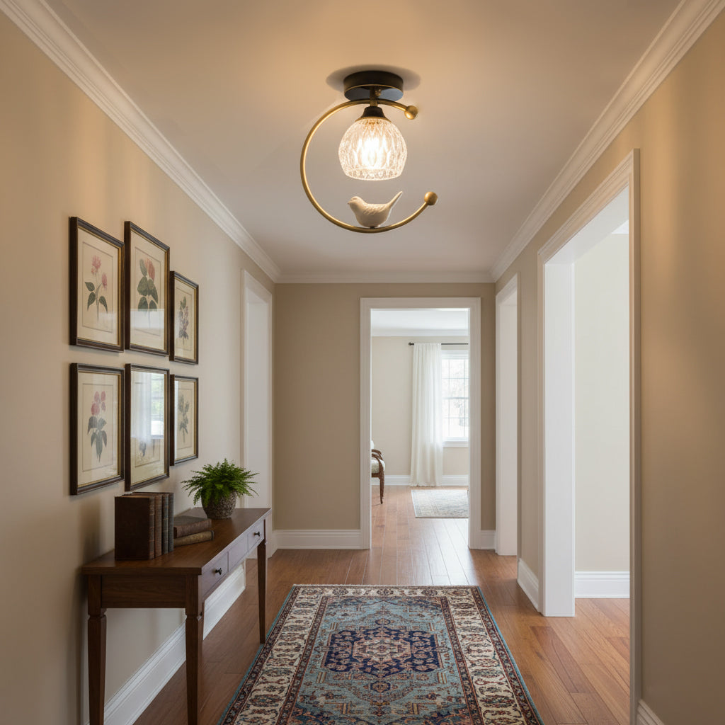 Brass Bird & Bud Glass Ceiling Light