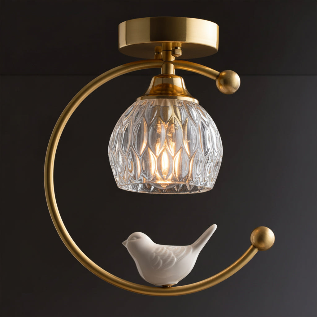 Brass Bird & Bud Glass Ceiling Light