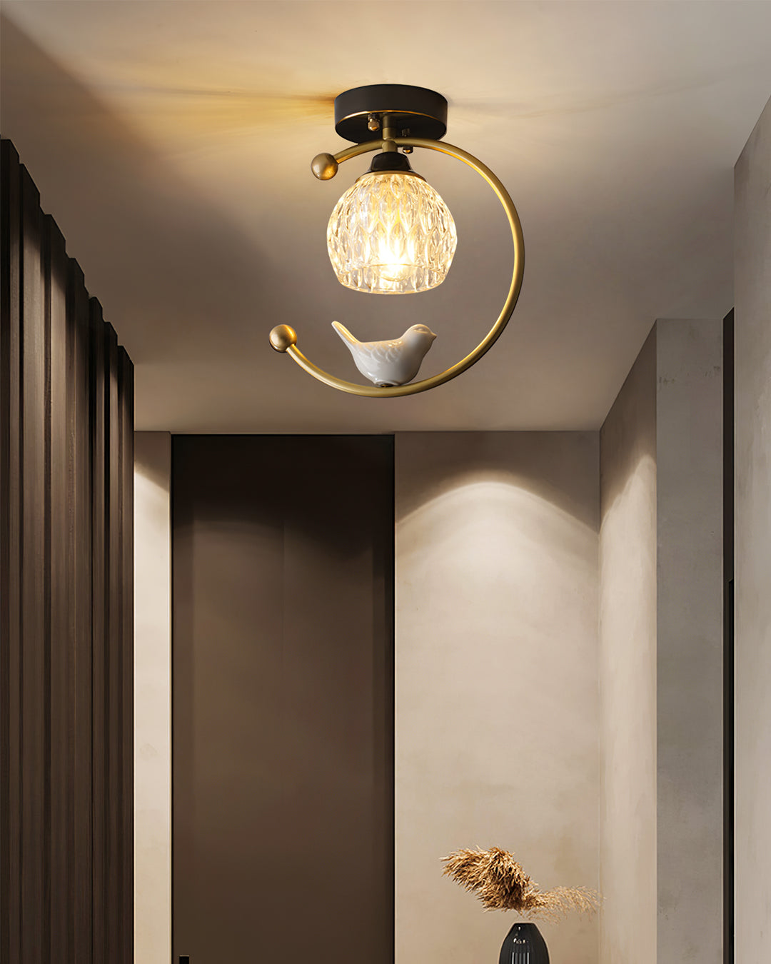 Brass Bird & Bud Glass Ceiling Light