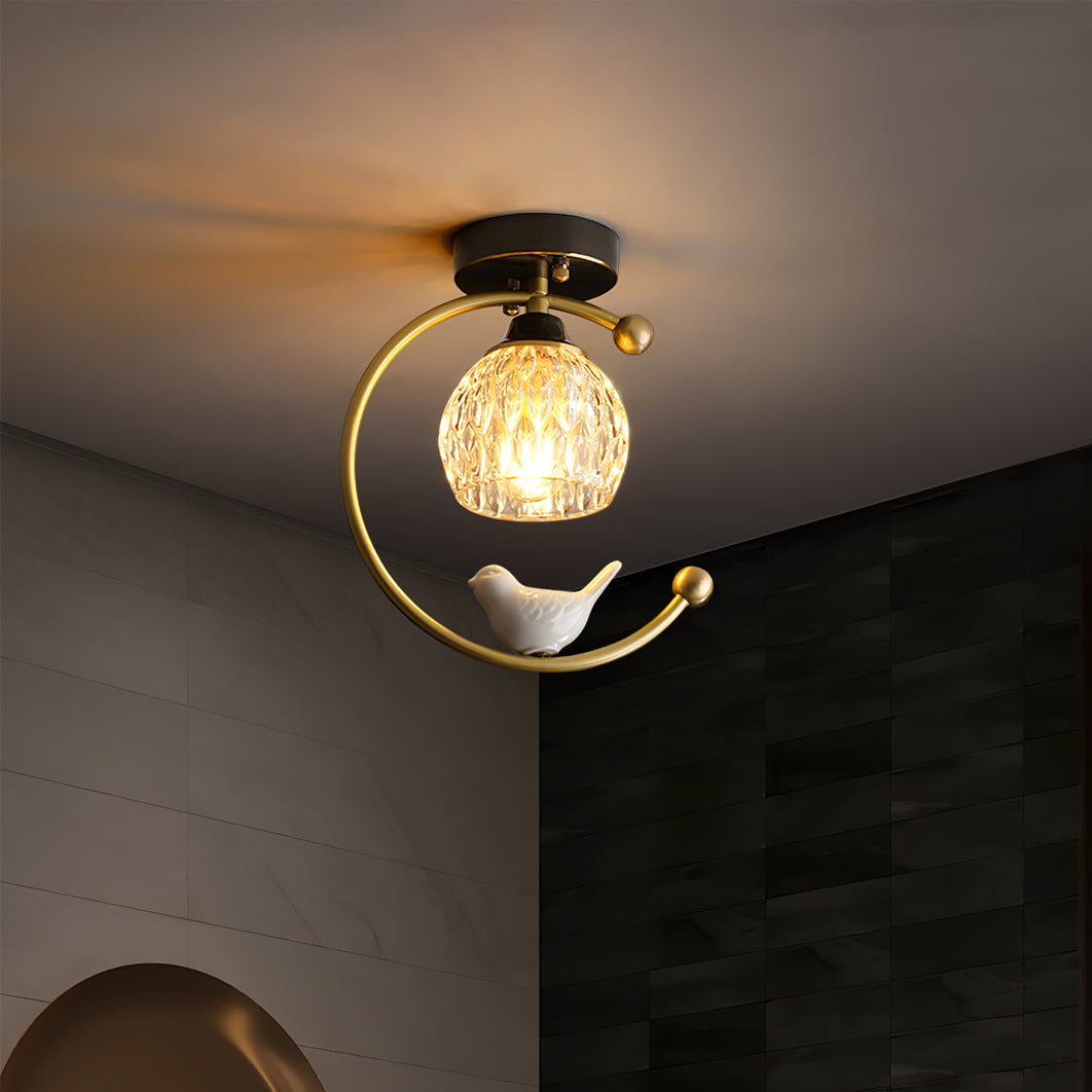 Brass Bird & Bud Glass Ceiling Light
