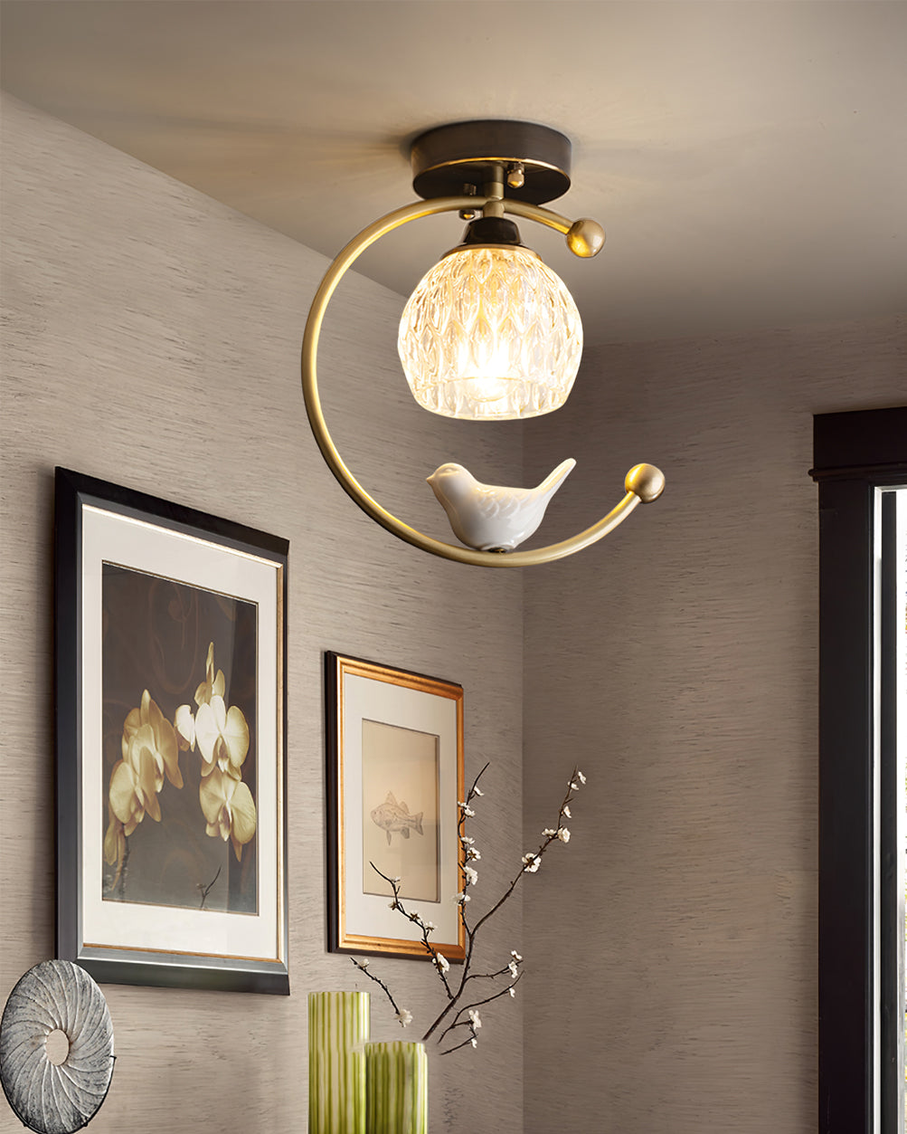 Brass Bird & Bud Glass Ceiling Light