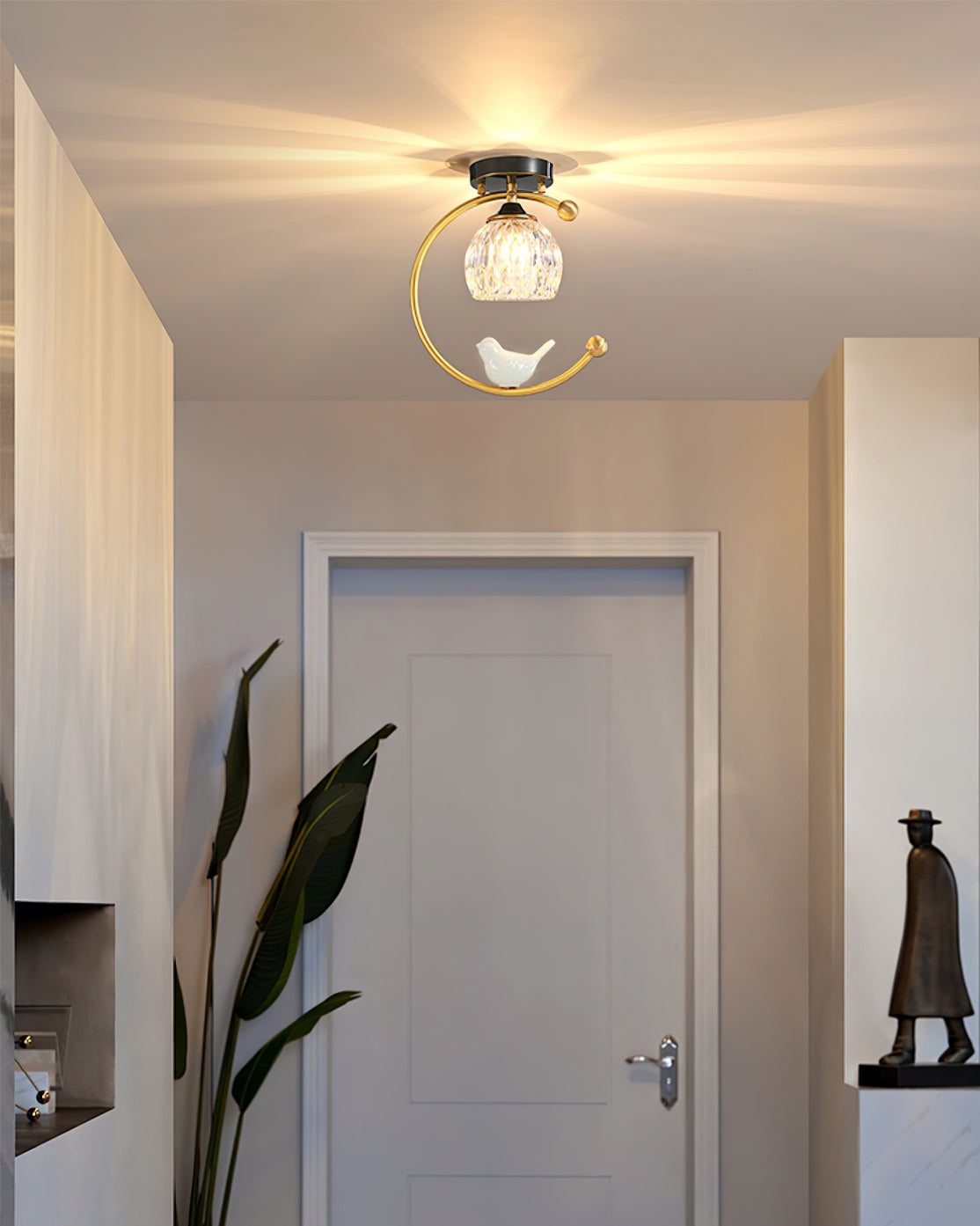 Brass Bird & Bud Glass Ceiling Light
