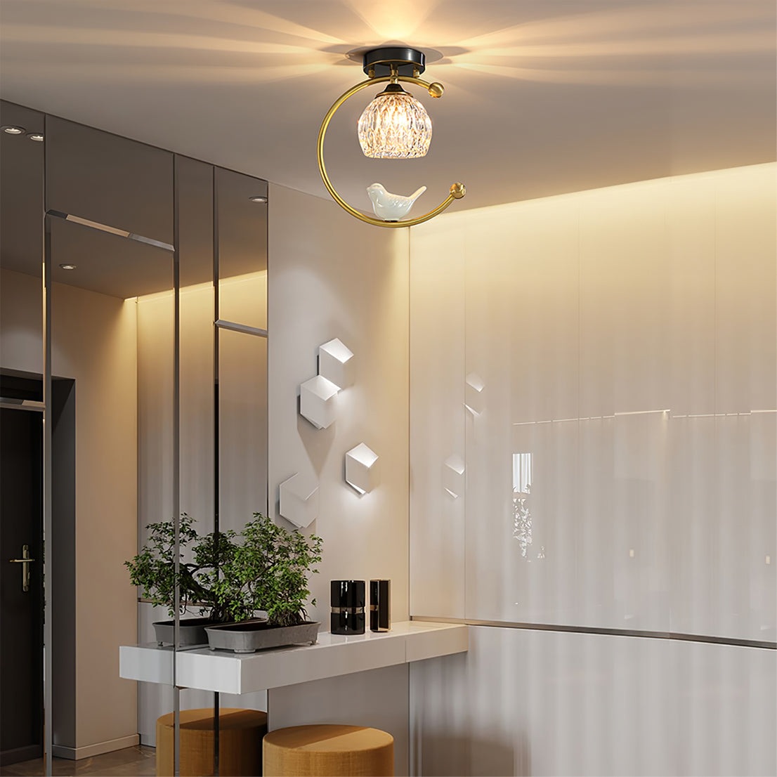 Brass Bird & Bud Glass Ceiling Light