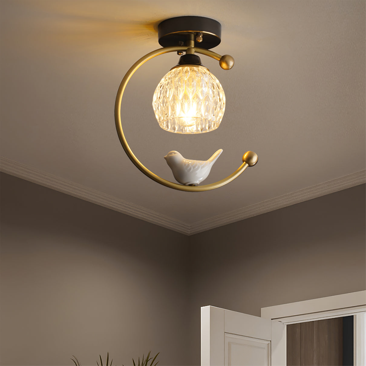 Brass Bird & Bud Glass Ceiling Light