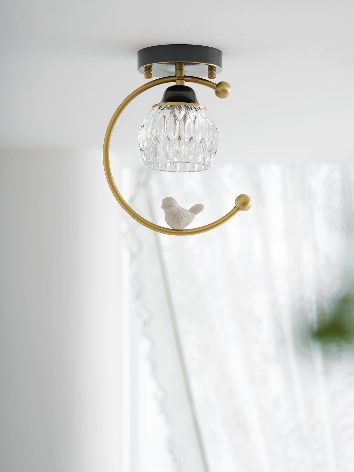 Brass Bird & Bud Glass Ceiling Light