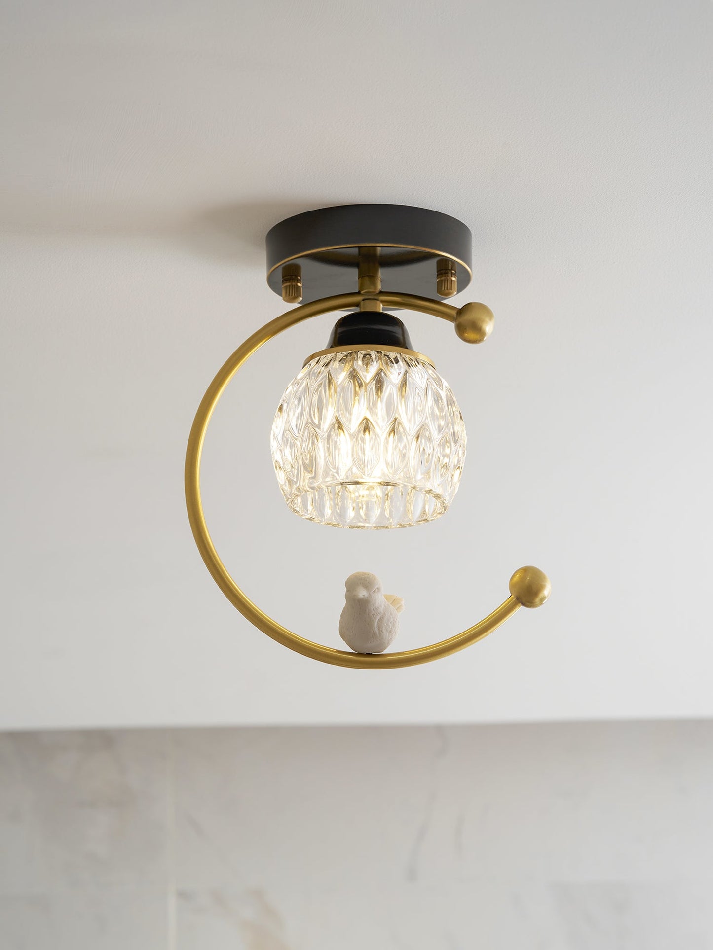 Brass Bird & Bud Glass Ceiling Light