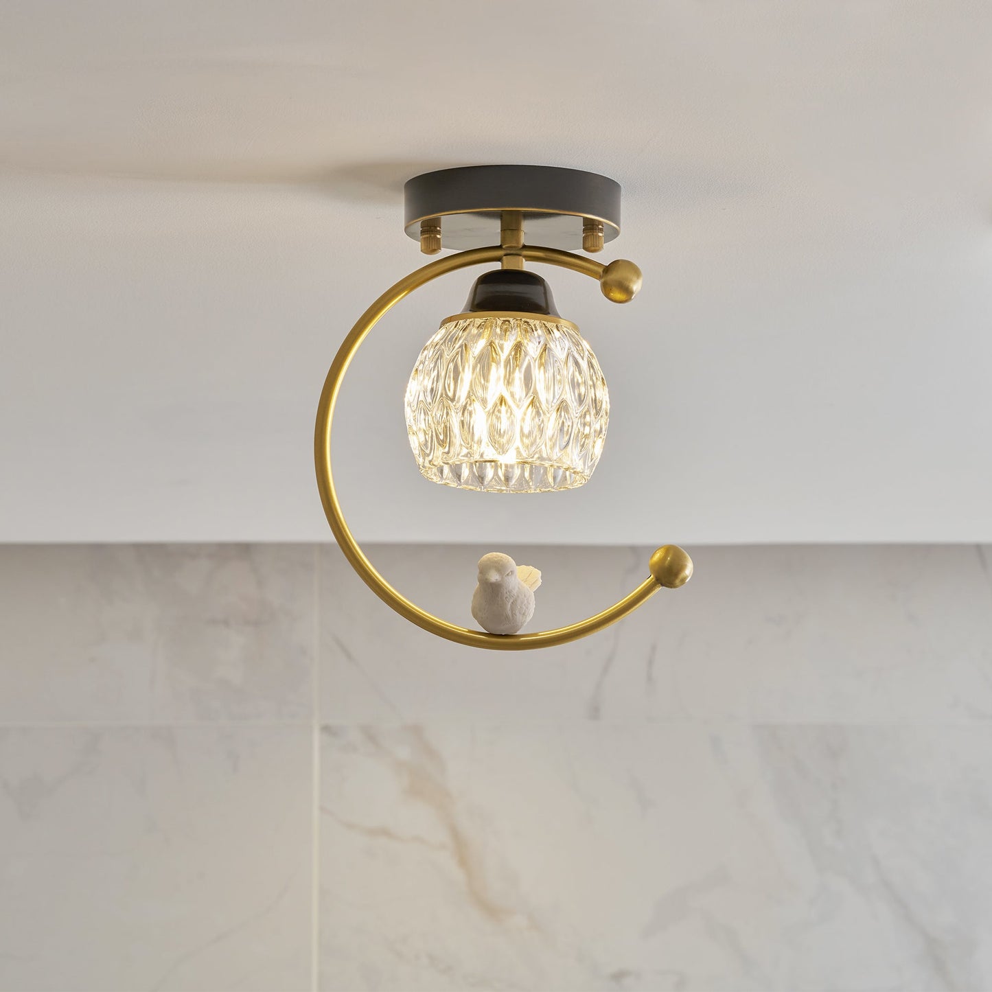 Brass Bird & Bud Glass Ceiling Light