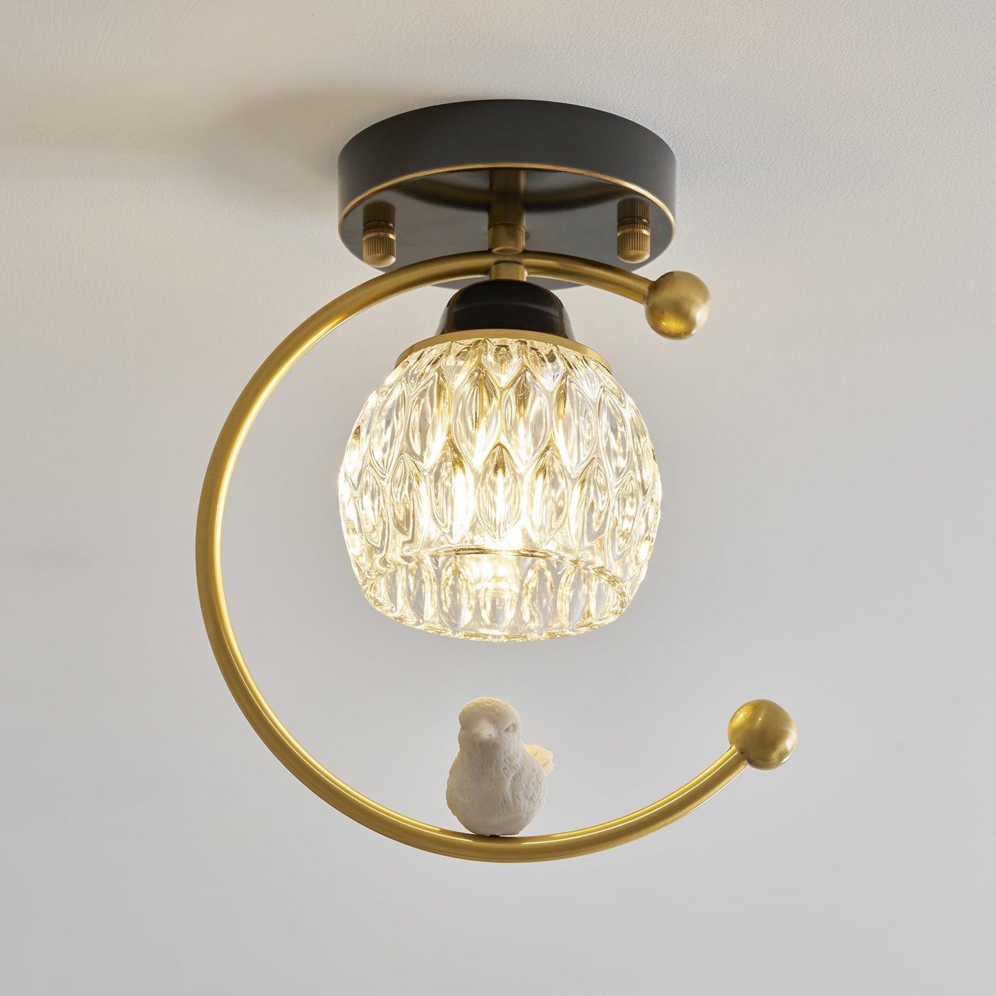 Brass Bird & Bud Glass Ceiling Light