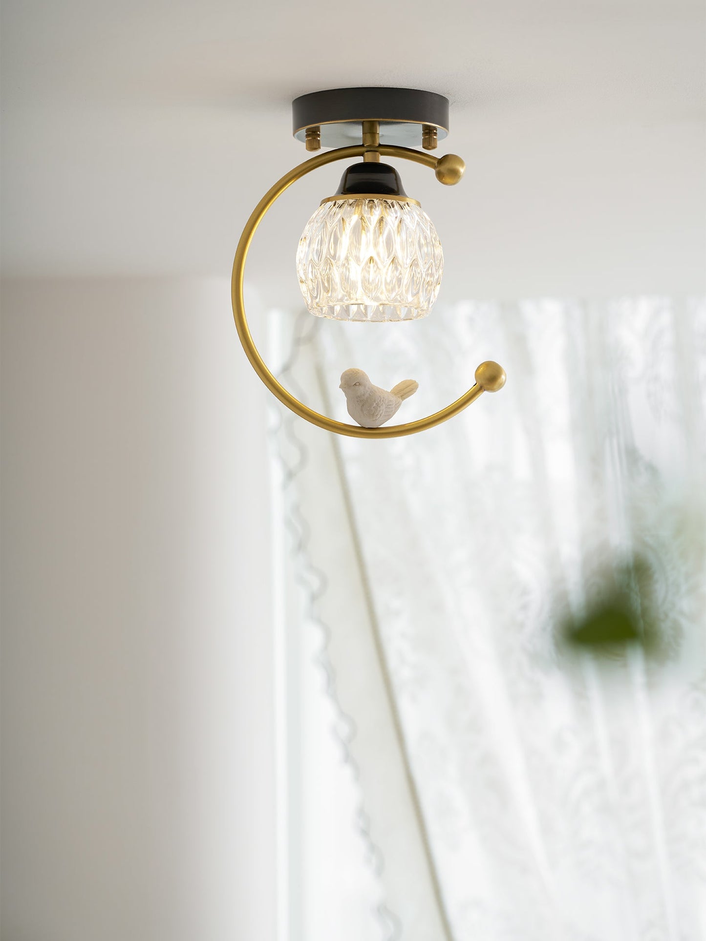 Brass Bird & Bud Glass Ceiling Light