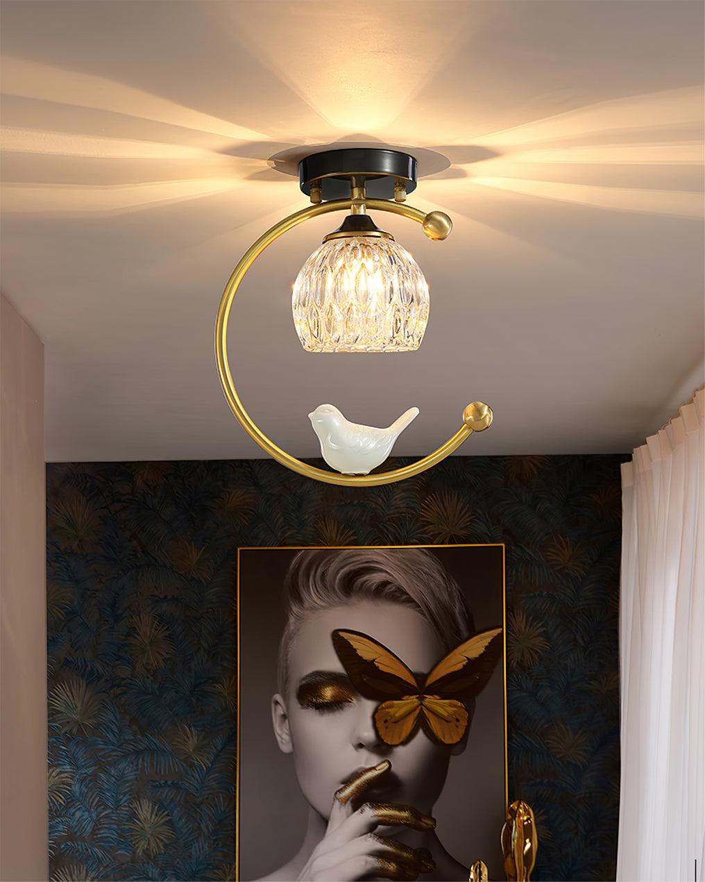 Brass Bird & Bud Glass Ceiling Light