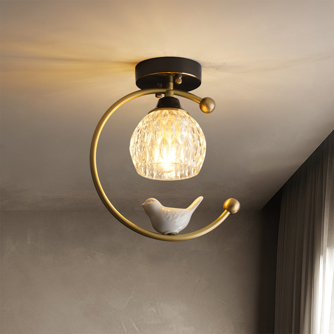 Brass Bird & Bud Glass Ceiling Light