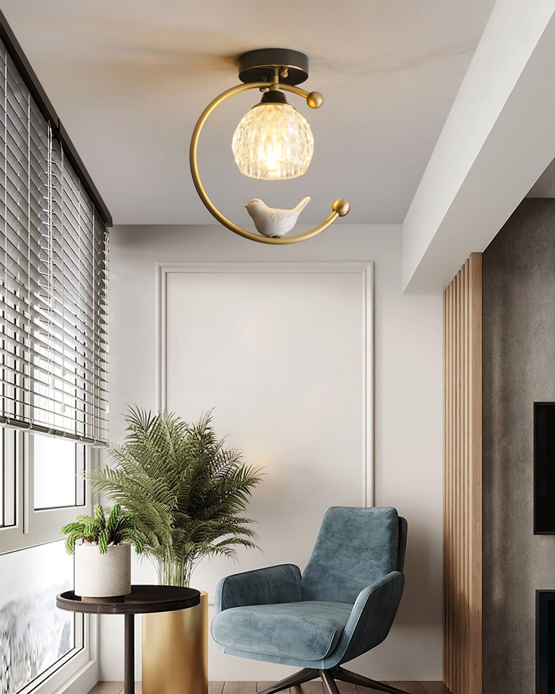 Brass Bird & Bud Glass Ceiling Light