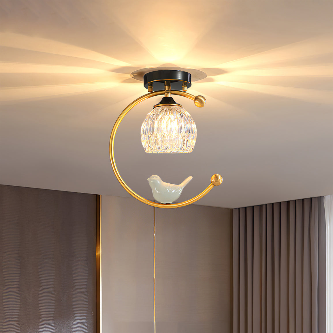 Brass Bird & Bud Glass Ceiling Light