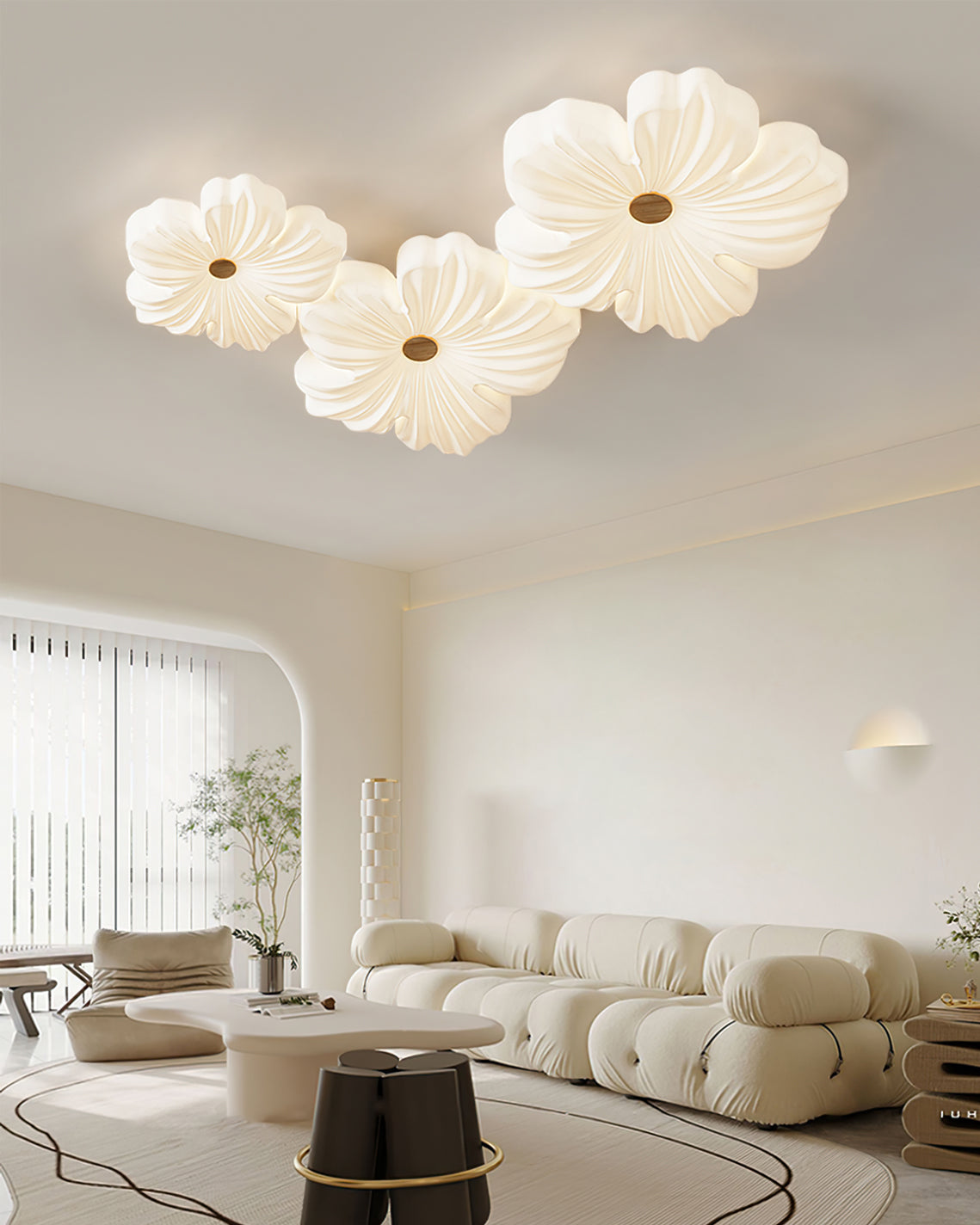 Sculpted Cream Flower Flush Mount Ceiling Light