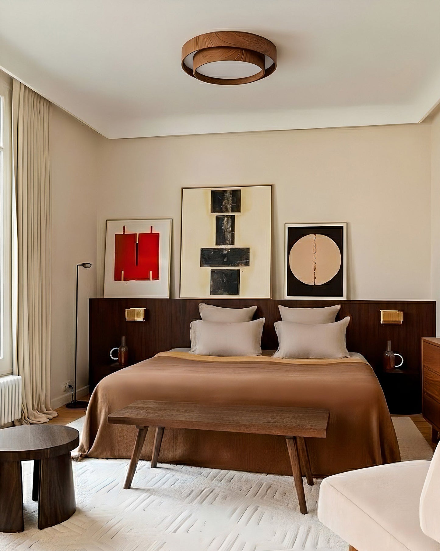Walnut-Finish Round LED Flush Mount Ceiling Light