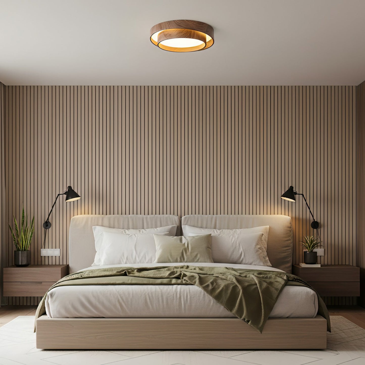 Walnut-Finish Round LED Flush Mount Ceiling Light