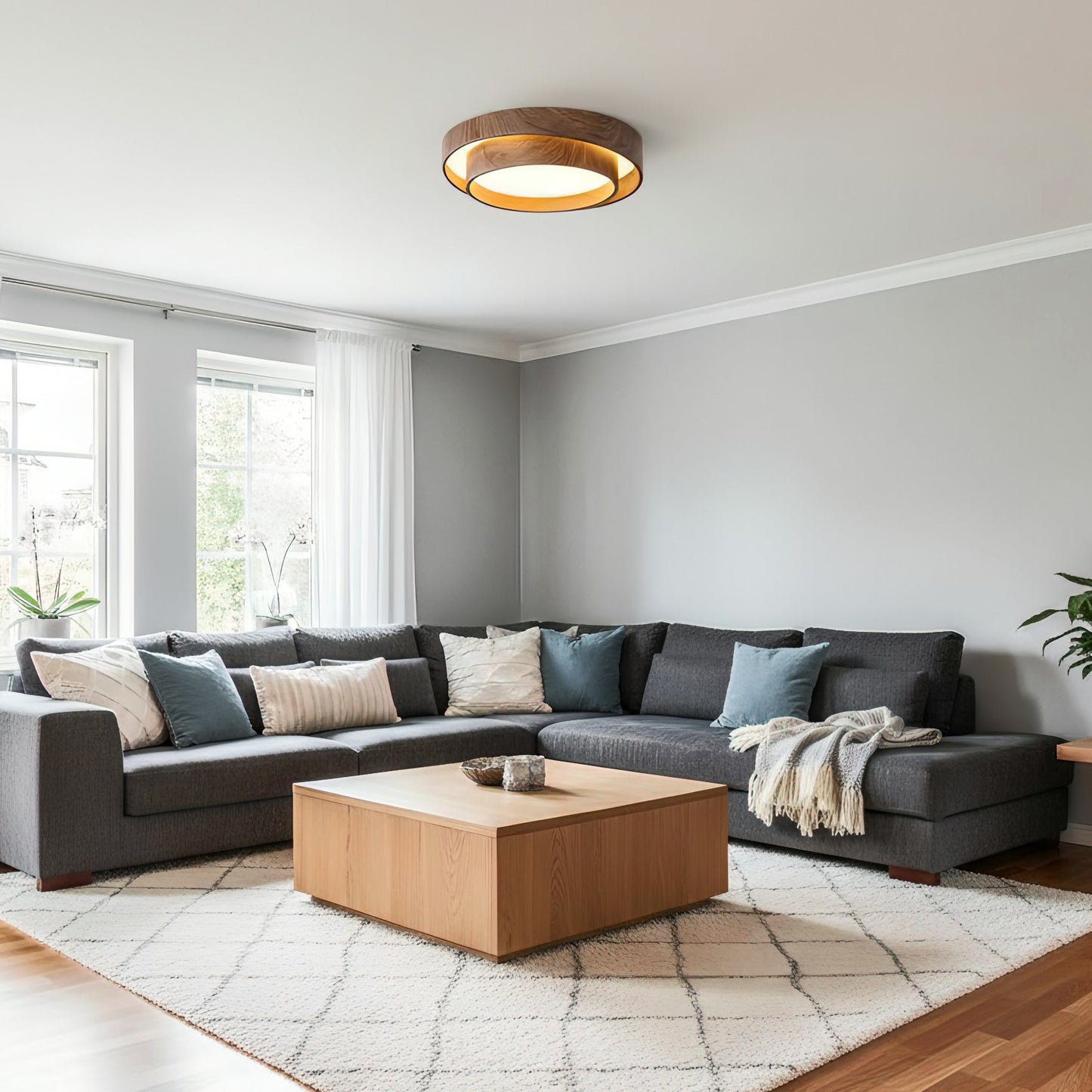 Walnut-Finish Round LED Flush Mount Ceiling Light