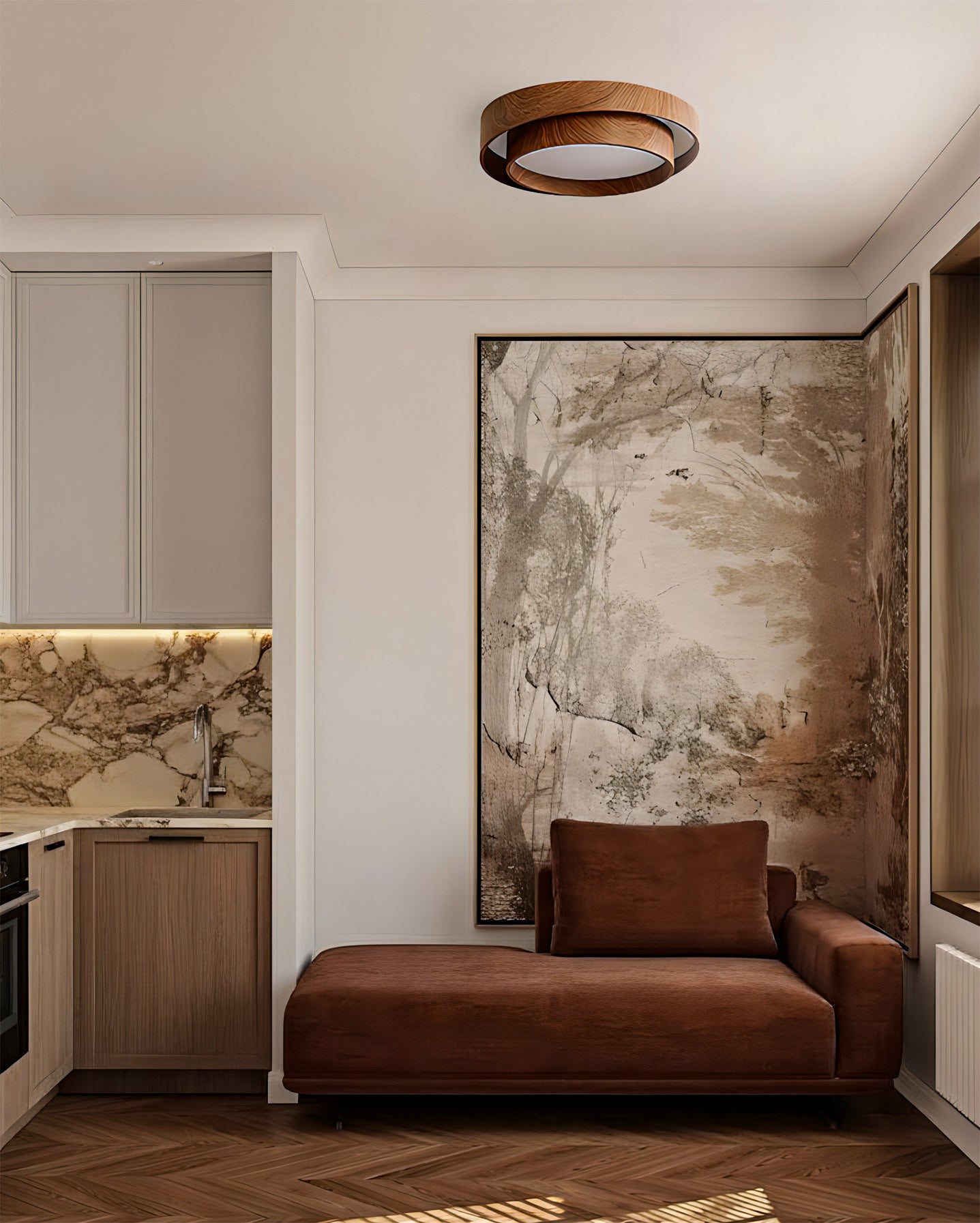 Walnut-Finish Round LED Flush Mount Ceiling Light