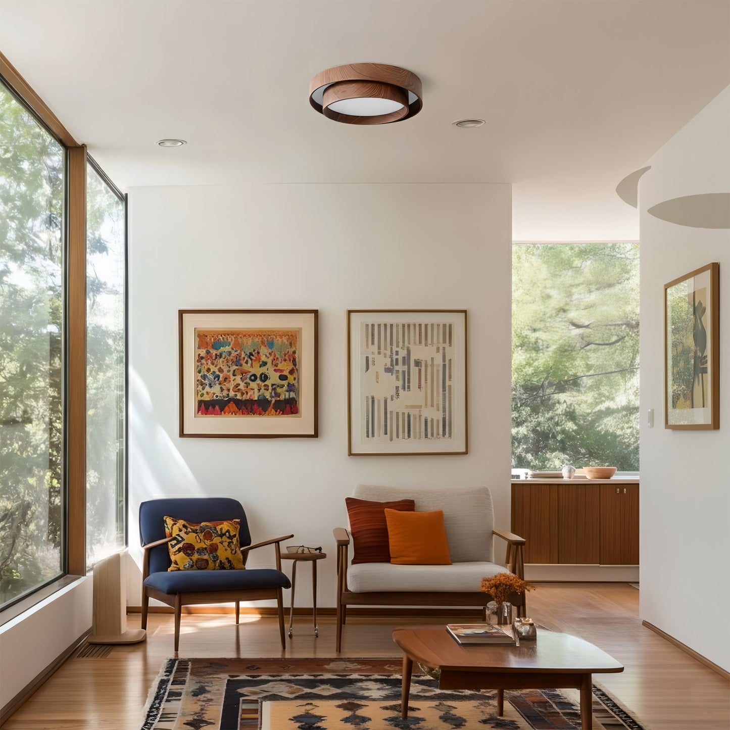 Walnut-Finish Round LED Flush Mount Ceiling Light