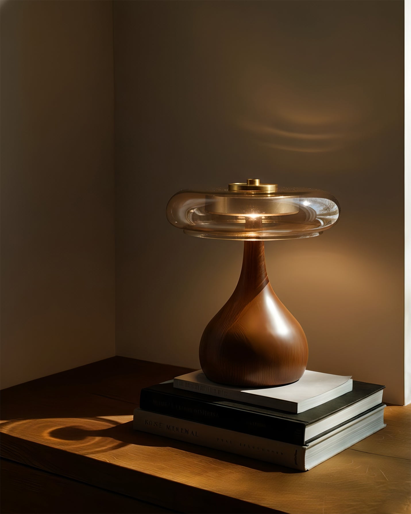 Cognac Glass and Walnut Table Lamp