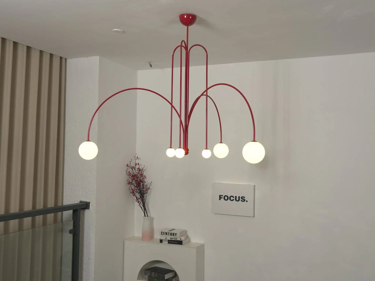 Branching Arc Sputnik Chandelier — Nordic Art Deco Pendant Light with Milk Glass Globes for Dining Room, Living Room, Restaurant and Cafe, Black Gold and Red Multi-Head Ceiling Light Erbstuk