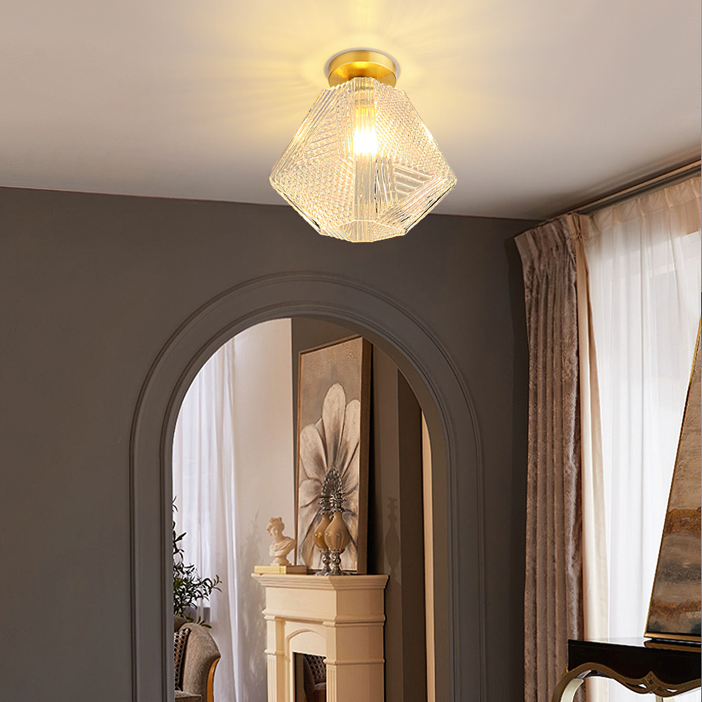 Faceted Glass Art Deco Ceiling Light — Warm Brass
