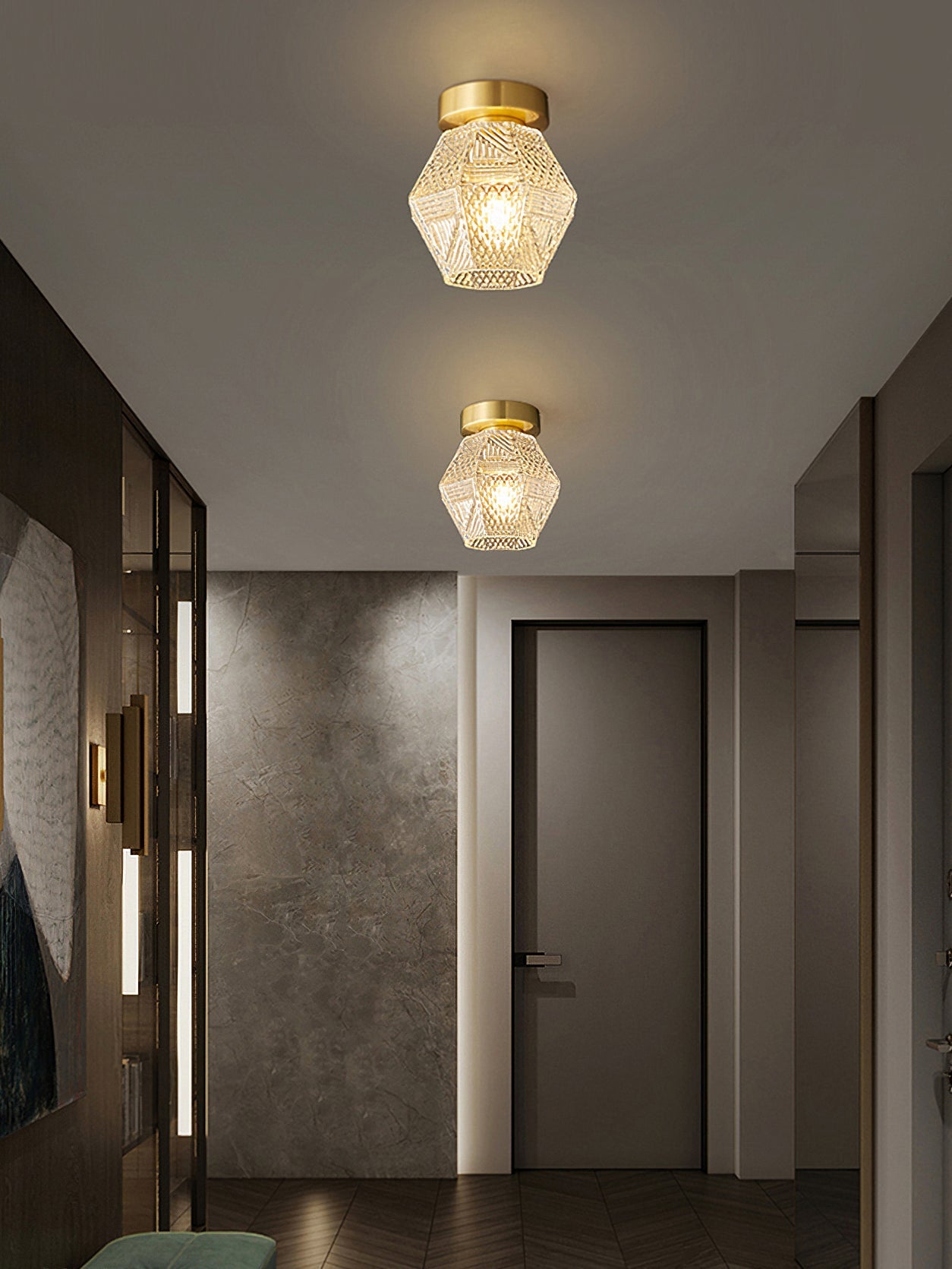 Faceted Glass Art Deco Ceiling Light — Warm Brass