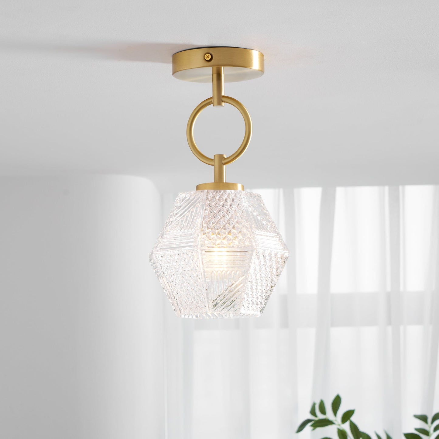 Faceted Glass Art Deco Ceiling Light — Warm Brass