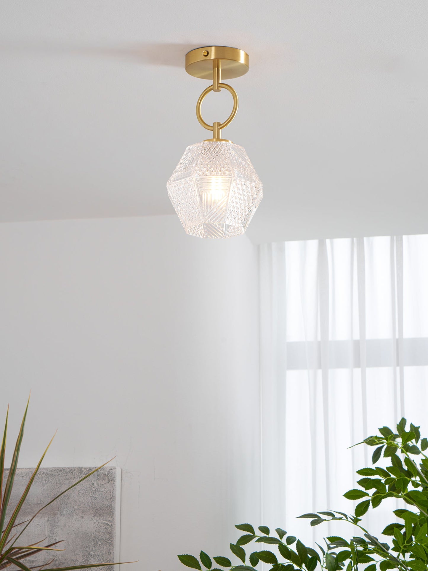 Faceted Glass Art Deco Ceiling Light — Warm Brass