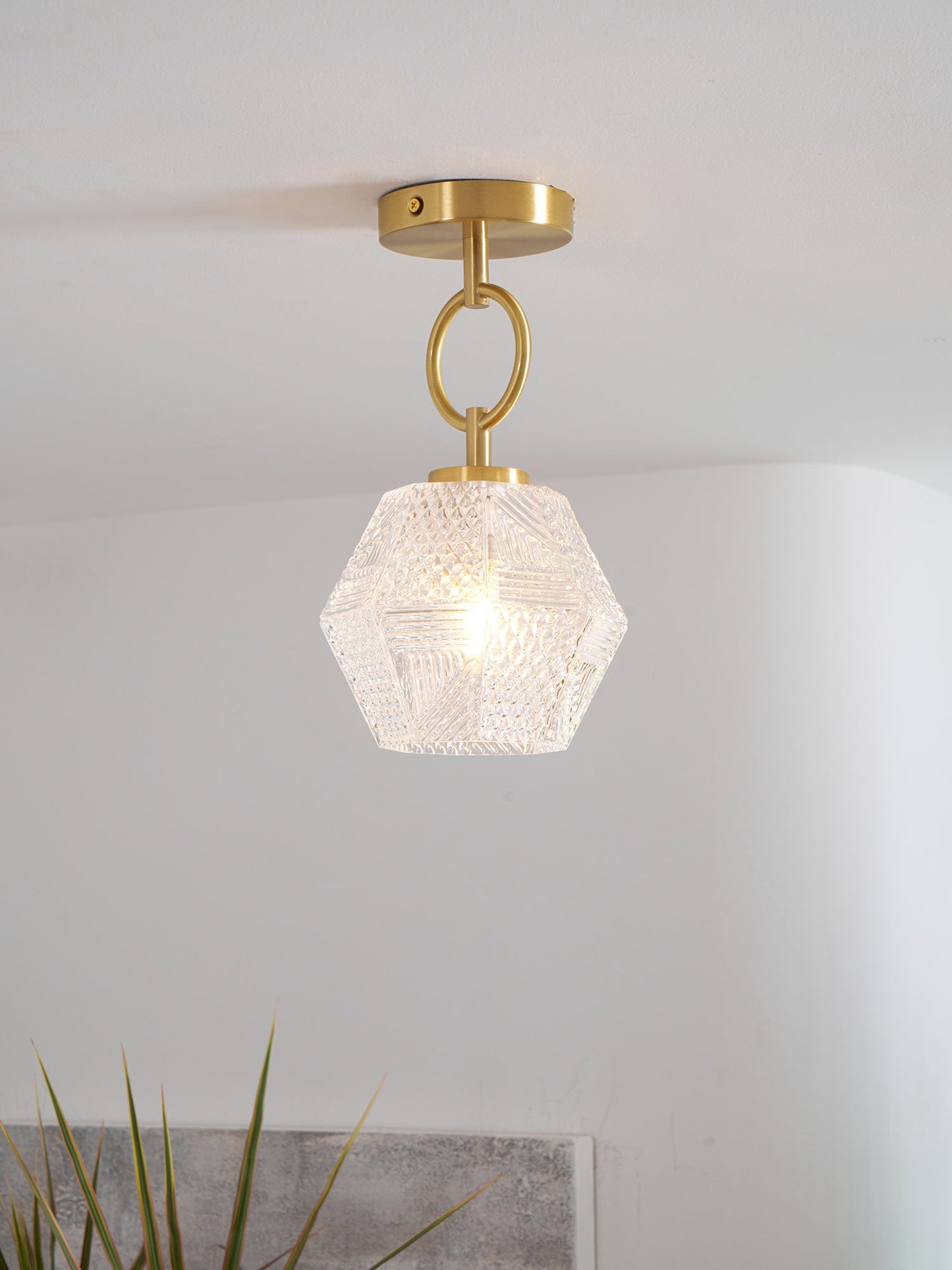 Faceted Glass Art Deco Ceiling Light — Warm Brass