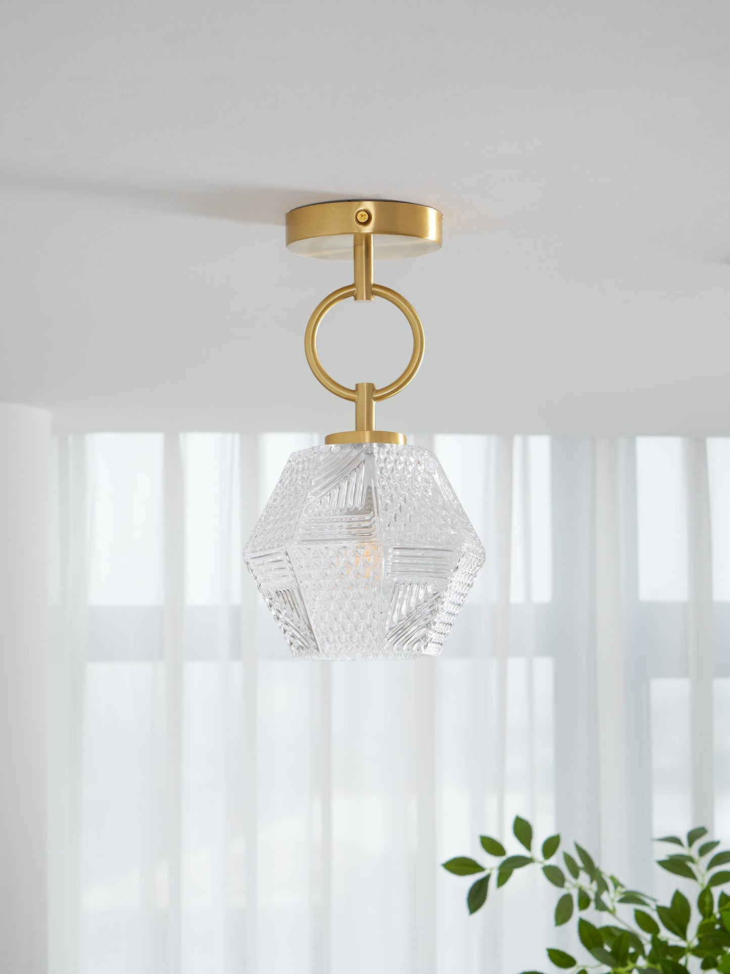 Faceted Glass Art Deco Ceiling Light — Warm Brass