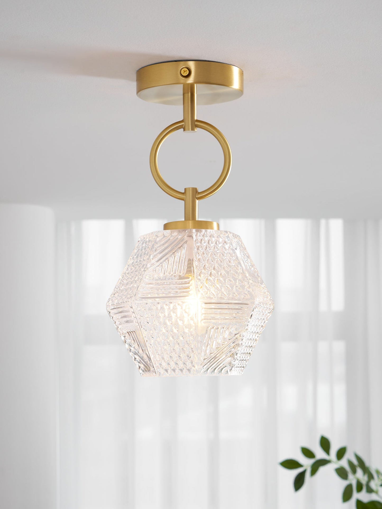 Faceted Glass Art Deco Ceiling Light — Warm Brass