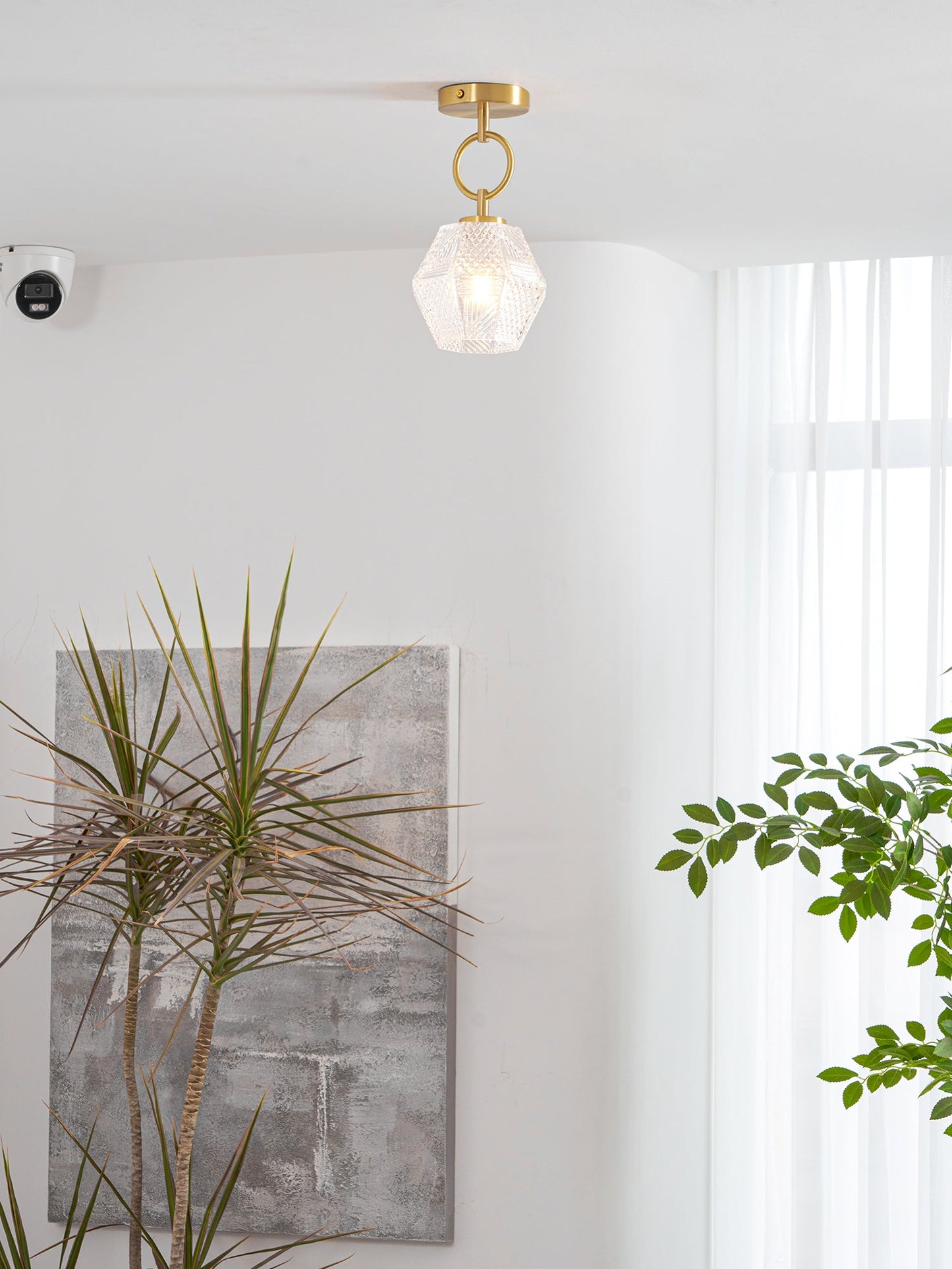 Faceted Glass Art Deco Ceiling Light — Warm Brass