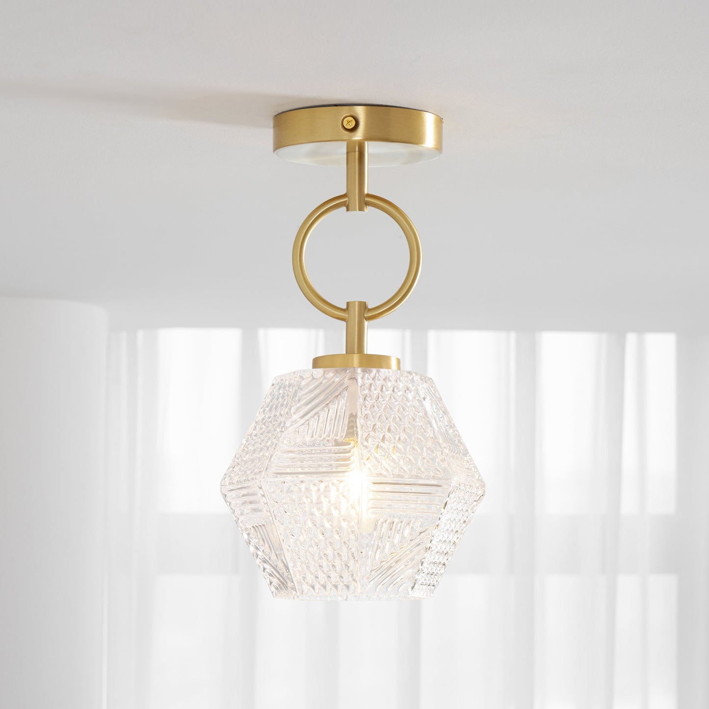 Faceted Glass Art Deco Ceiling Light — Warm Brass