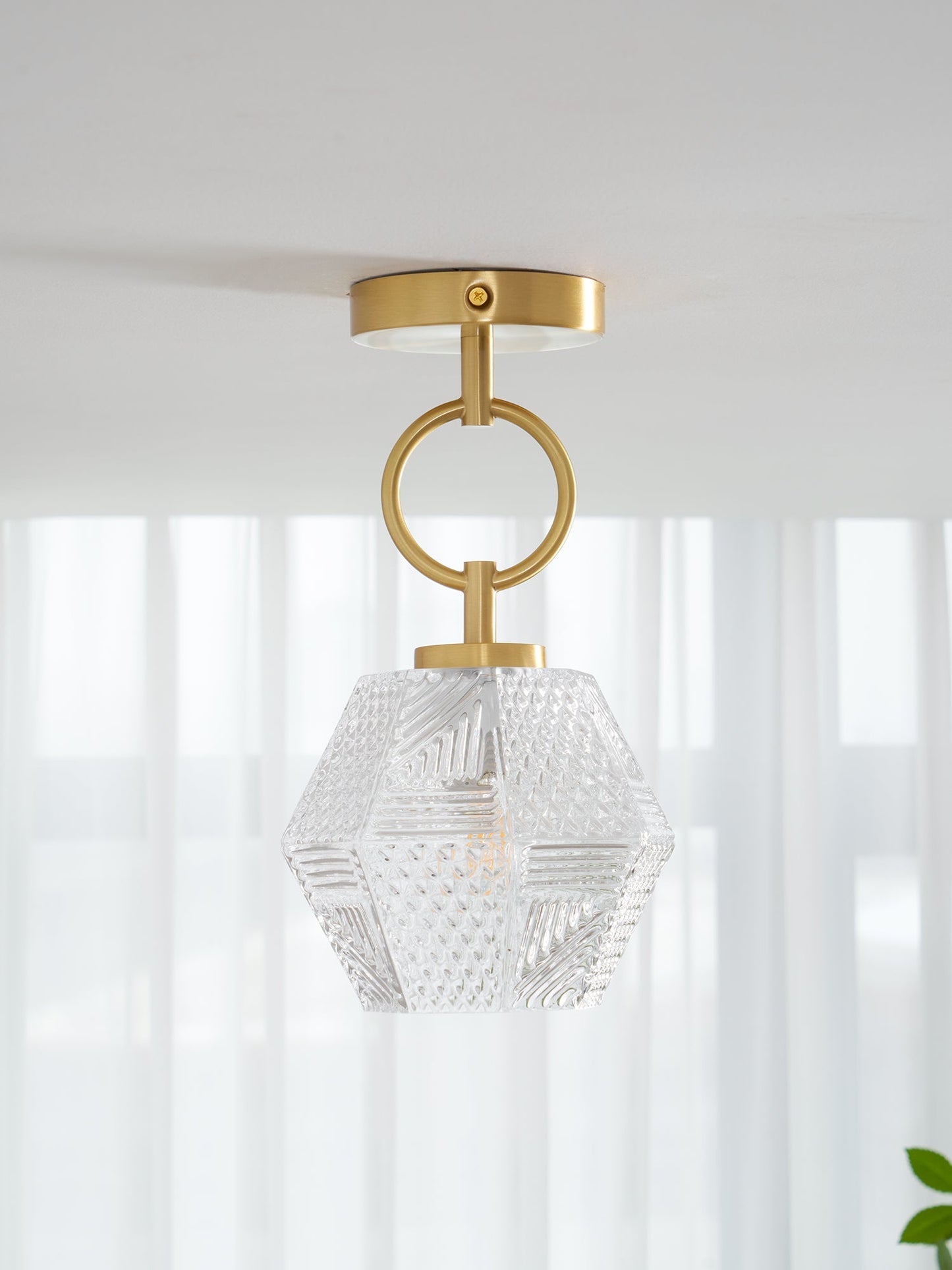 Faceted Glass Art Deco Ceiling Light — Warm Brass