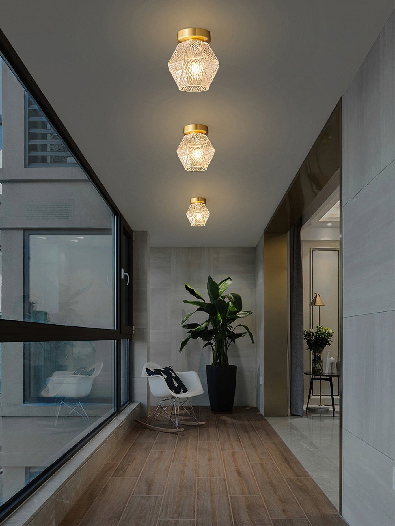 Faceted Glass Art Deco Ceiling Light — Warm Brass