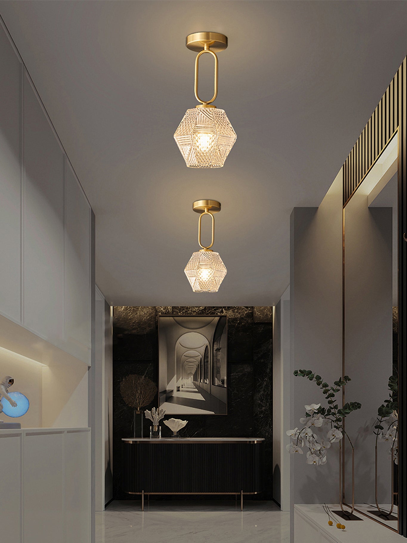 Faceted Glass Art Deco Ceiling Light — Warm Brass