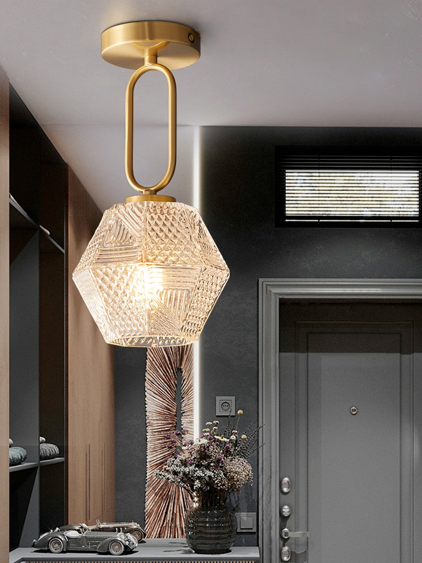 Faceted Glass Art Deco Ceiling Light — Warm Brass