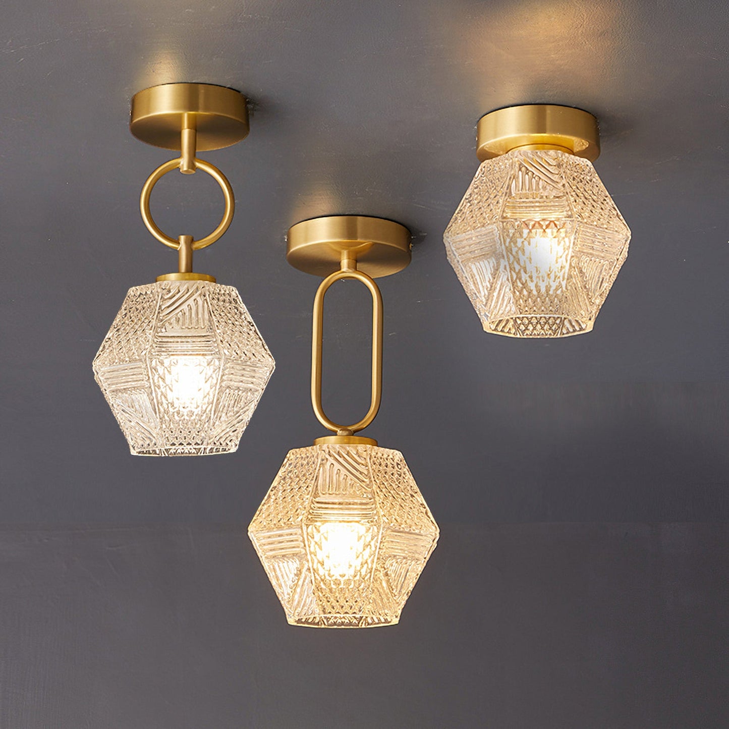 Faceted Glass Art Deco Ceiling Light — Warm Brass