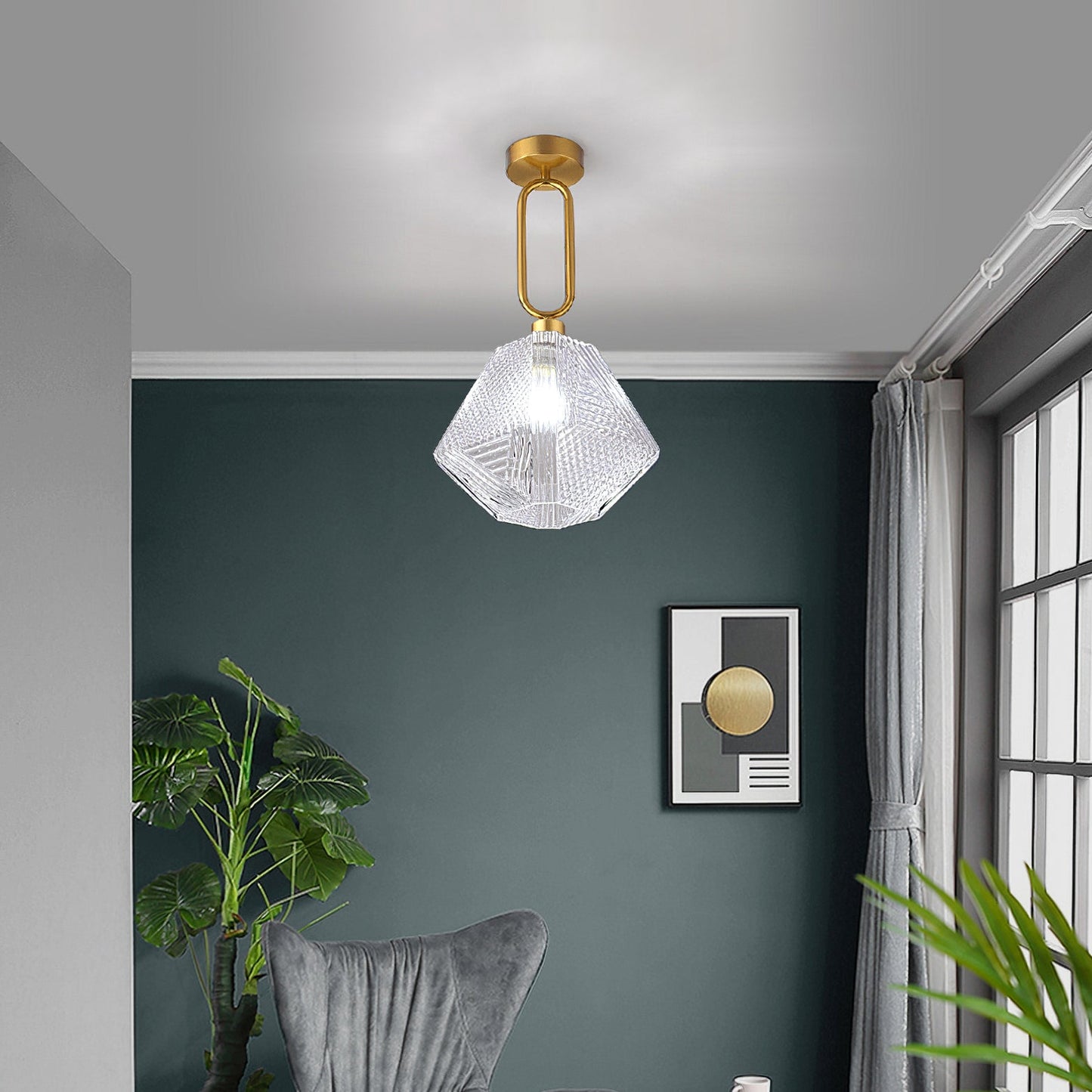 Faceted Glass Art Deco Ceiling Light — Warm Brass