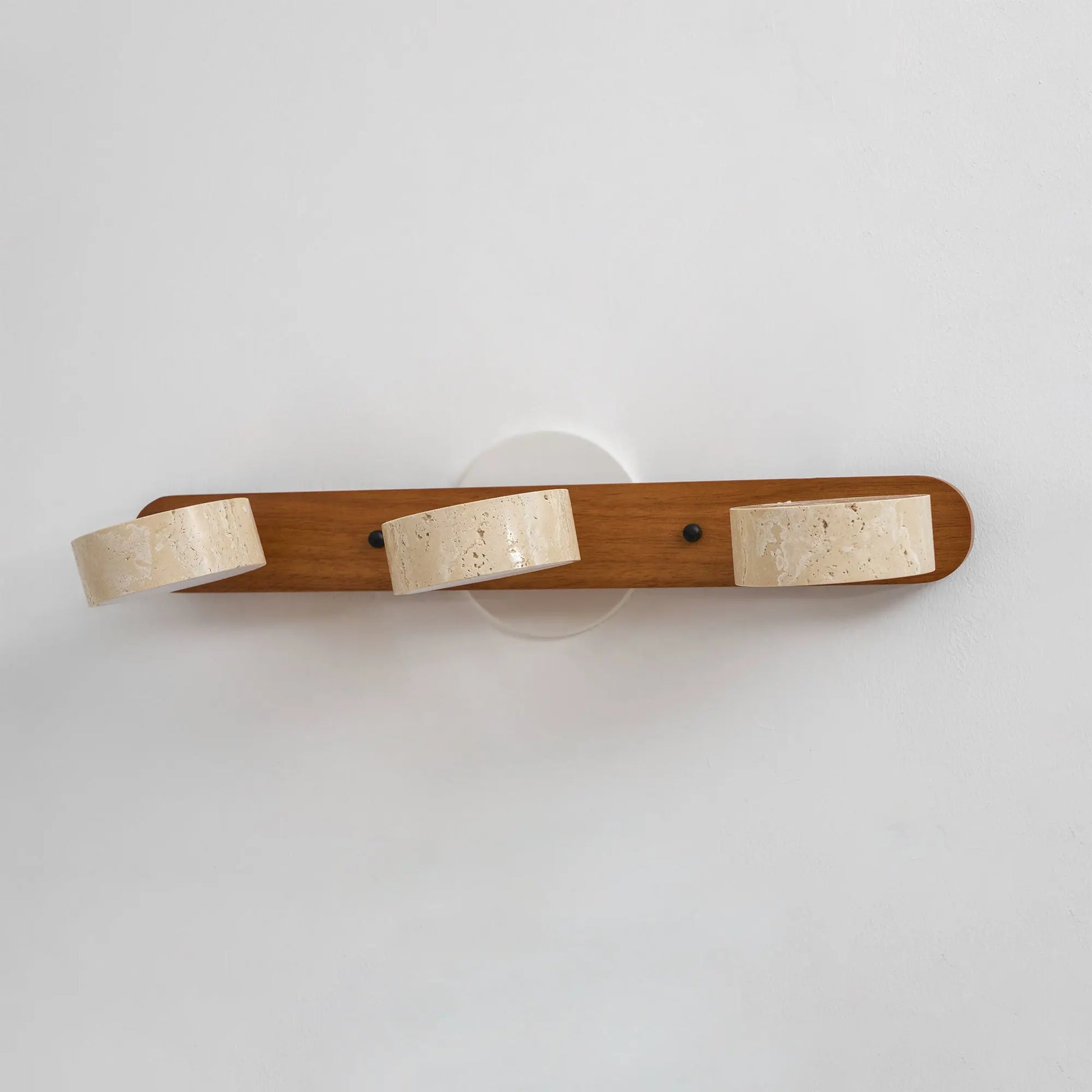 Travertine Stone Duo Wall Light — Rotatable Round LED Sconce for Bathroom Vanity, Dressing Table and Mirror Front, Sculptural Wood and Stone Wall Lamp Erbstuk
