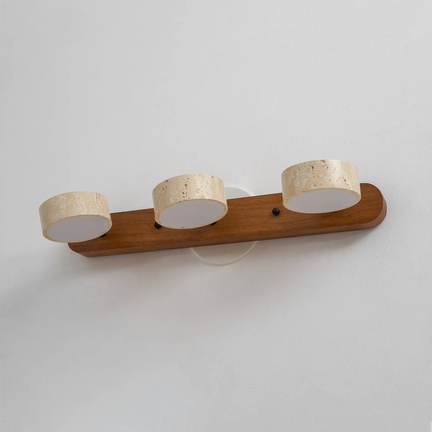 Travertine Stone Duo Wall Light — Rotatable Round LED Sconce for Bathroom Vanity, Dressing Table and Mirror Front, Sculptural Wood and Stone Wall Lamp Erbstuk