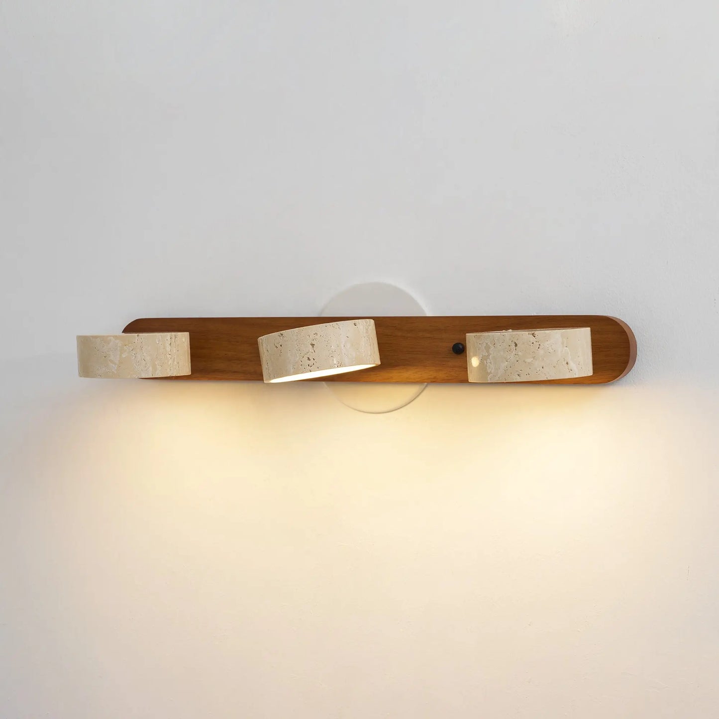 Travertine Stone Duo Wall Light — Rotatable Round LED Sconce for Bathroom Vanity, Dressing Table and Mirror Front, Sculptural Wood and Stone Wall Lamp Erbstuk