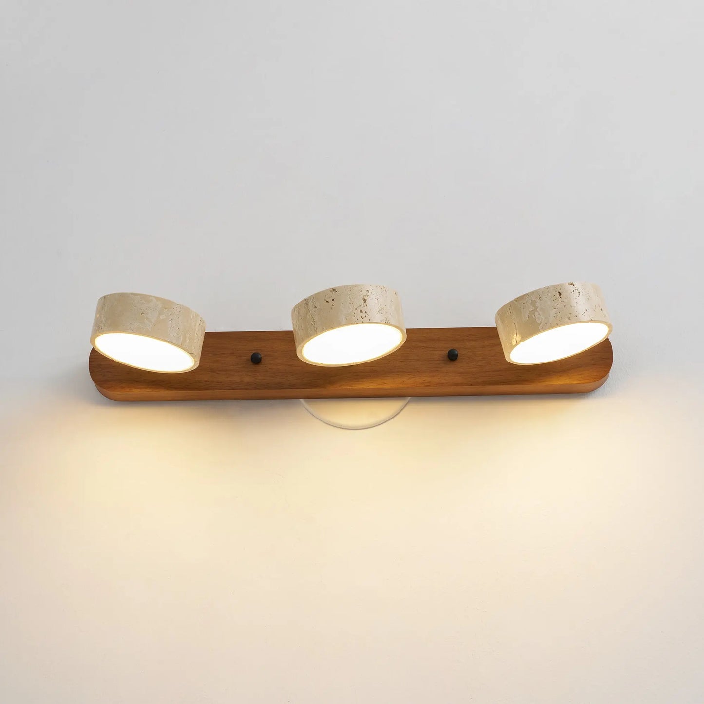 Travertine Stone Duo Wall Light — Rotatable Round LED Sconce for Bathroom Vanity, Dressing Table and Mirror Front, Sculptural Wood and Stone Wall Lamp Erbstuk