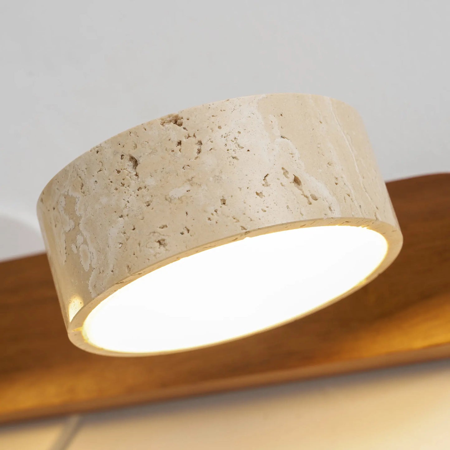 Travertine Stone Duo Wall Light — Rotatable Round LED Sconce for Bathroom Vanity, Dressing Table and Mirror Front, Sculptural Wood and Stone Wall Lamp Erbstuk